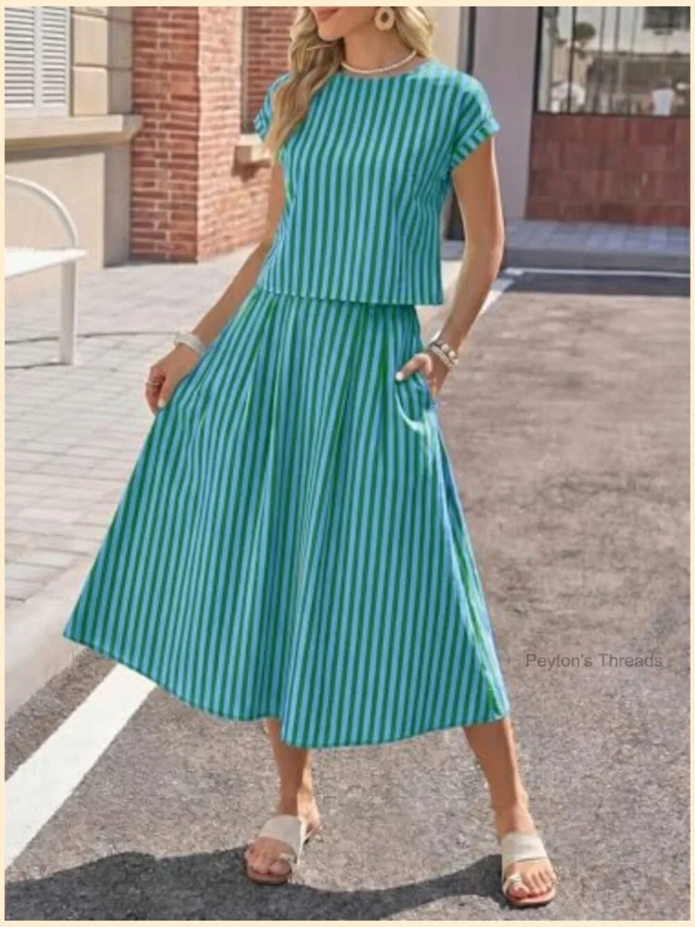 Striped 2 Piece Skirt Set Cap Sleeve Top Midi Dress Travel Vacation Outfits